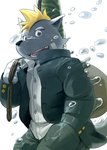 anthro black_nose bottomwear clothing humanoid_hands kemono male pants shirt simple_background solo topwear water kinoshita-jiroh world_cell yamato_(world_cell) canid canine canis domestic_dog mammal 2012