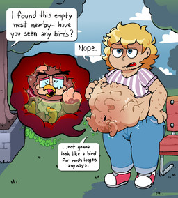 anthro anthro_prey arm_hair belly bench big_belly blonde_hair blue_eyes bodily_fluids body_hair bottomwear clothing cloud deception dialogue digestion duo eyewear facial_hair fatal_vore fully_inside glasses grass gurgle_(sound_effect) hair happy_trail human_pred imminent_death imprint inside_stomach internal larger_pred male male/male male_pred male_prey navel offscreen_character open_mouth organs pants plant rumbling_stomach shirt size_difference sky stomach stomach_acid teeth text topwear tree unwilling_prey vore pawplants hoovel_(obscureanon) avian bird human mammal owl 2025 digital_media_(artwork) english_text hi_res nonbinary_(lore)