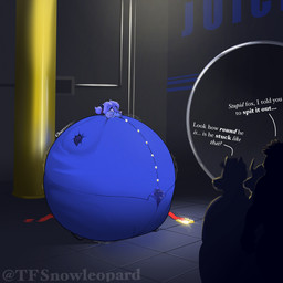 ambiguous_gender anthro belly belt blue_body blue_fur blue_hair blueberry_inflation blush body_hair body_inflation button_(fastener) chewing claws clothed clothing dialogue expansion extended_sound_effect foreground_silhouette foreground_spectators fur glint group hair happy_trail horn inflation inside looking_down looking_down_at_self male motion_lines ponytail solo_focus sound_effect_variant sound_effects spherical_inflation standing straining_buttons swollen_cheeks text tight_clothing torn_clothing worried tfsnowleopard charlie_and_the_chocolate_factory thoron ambiguous_species canid canine fox mammal 1:1 artist_name english_text hi_res