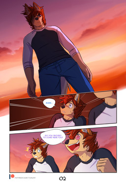 anthro black_nose bottomwear clothed clothing cloud denim denim_bottomwear denim_clothing fangs fully_clothed group jeans open_mouth outside pants shirt sky square_crossover sunset teeth text tongue topwear yuguni gunn_(yuguni) yuguni_(yuguni) canid canine canis domestic_dog mammal comic english_text