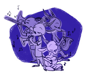 abstract_background acoustic_guitar alto_saxophone ambiguous_gender anthro barefoot brass_instrument clothed clothing crossed_legs eyes_closed facial_markings feet group guitar head_markings holding_musical_instrument holding_object markings musical_instrument musical_note musical_symbol playing_guitar playing_music plucked_string_instrument purple_background saxophone simple_background sitting standing string_instrument symbol trombone trumpet white_background wind_instrument woodwind_instrument fuel_(artist) chico_(fuel) antelope bovid gazelle mammal 2020 blue_and_white hi_res monochrome purple_theme