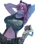 anthro big_breasts bottomwear braided_hair breasts clothed clothing cosplay crossover_cosplay duo female fishnet_clothing fishnet_topwear hair hair_over_eye hands_behind_head jojo_pose male midriff navel one_eye_obstructed pants pose red_eyes sharp_teeth simple_background smile teeth topwear white_background sskomu_(artist) deltarune jojo's_bizarre_adventure undertale_(series) jolyne_cujoh kris_(deltarune) narciso_anasui susie_(deltarune) human mammal reptile scalie crossover hi_res