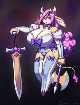 anthro axe battle_axe big_breasts blush bovid_horn bow_tie breasts clothing female flower hair hooves horn huge_breasts lily_(flower) lingerie long_hair melee_weapon pink_hair plant purple_eyes solo sword tail tail_tuft tuft weapon naughtyjester mellany_(rubyluvcow) bovid mammal absurd_res hi_res