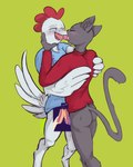 anthro avian_caruncle beak blue_clothing blue_eyes blue_shirt blue_topwear blush bodily_fluids bottomless butt cat_tail censored_genitalia censored_penis claws clothed clothing comb_(anatomy) duo eyes_closed feathered_tail feathered_wings feathers food french_kissing fur green_background grey_body grey_fur half-closed_eyes head_crest hot_dog hot_dog_bun implied_erection implied_frottage kissing male male/male narrowed_eyes onomatopoeia open_mouth red_clothing red_comb_(anatomy) red_shirt red_topwear saliva shirt simple_background sound_effects tail tail_feathers text tongue tongue_out topwear topwear_only white_body white_feathers winged_arms wings felineballistics cocksley_and_catapult catapult_(c&c) cocksley_(c&c) avian bird chicken domestic_cat felid feline felis galliform gallus_(genus) mammal phasianid censored digital_drawing_(artwork) digital_media_(artwork) hi_res