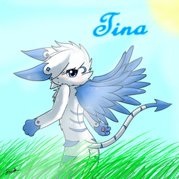 ambiguous_gender anthro blue_eyes blush feathered_wings feathers field fur grass heart_symbol outside plant sky solo striped_body striped_fur stripes sun wings young senz unknown_species 1:1 2014 hi_res