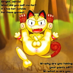 angry angry_sex anthro anus armpit_hair balls blush bodily_fluids body_hair butt chest_tuft cuff_(restraint) feet foot_fetish forest genitals glistening handcuffs humanoid_genitalia humanoid_penis legs_up looking_at_viewer male male/male metal_cuffs pawpads paws penis penis_size_difference plant presenting presenting_hindquarters public public_nudity public_sex restraints sex solo_focus sunset sweat text tree tuft wet wet_body bananasecret nintendo pokemon team_rocket meowth_(team_rocket) felid generation_1_pokemon mammal meowth pokemon_(species) 1:1 digital_media_(artwork)