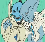 ambiguous_gender armor black_eyes blue_body blue_skin duo facepalm green_background laugh not_furry phone_drawing simple_background happy_harvey blizzard_entertainment girls_laughing_(meme) starcraft warhammer_(franchise) warhammer_40000 alien humanoid protoss t'au_(warhammer) crossover meme