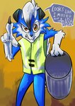 anthro blue_body blue_fur claws clothed clothing dialogue fur gesture grabbing green_clothing green_topwear green_vest hair hand_gesture looking_at_viewer male multicolored_body multicolored_fur pointing pointing_at_viewer safety_vest simple_background solo speech_bubble text topwear trash_can two_tone_body two_tone_fur vest white_hair metrosaurus nintendo pokemon ambus_(grimart) canid canine generation_7_pokemon lycanroc mammal midnight_lycanroc pokemon_(species) digital_media_(artwork) english_text hi_res