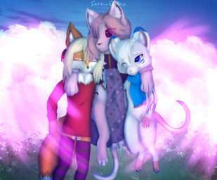 anthro blonde_hair blue_body blue_eyes blue_fur cloak clothed clothing corset detailed_background energy energy_wings eyewear feather_accessory fluffy fluffy_ears fluffy_tail flying fur fur_markings glasses hair head_tuft hug legwear lingerie magic markings orange_body orange_fur pink_body pink_fur pink_hair psychic_powers purple_eyes purple_hair scarf semi-anthro sky sweater tail thigh_highs topwear tuft unusual_anatomy unusual_wings white_body white_fur wings stellaamoris luna_rose_(fox4230) stella_(stellaamoris) suiro_(character) canid canine domestic_cat felid feline felis fox mammal mouse murid murine red_fox rodent true_fox absurd_res digital_media_(artwork) digital_painting_(artwork) hi_res painting_(artwork)