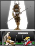 anthro armor bracers dialogue female fur grey_background grey_body grey_fur headgear helmet male mask melee_weapon pauldron polearm shin_guards simple_background staff tan_body tan_fur text weapon ferris wooky hitting_the_showers canid canine canis lagomorph leporid mammal rabbit wolf colored comic digital_media_(artwork) english_text