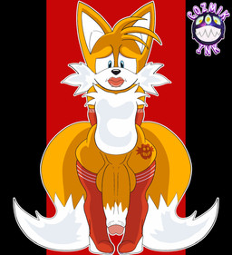 anthro armwear balls big_balls big_penis blue_eyes boots clothing elbow_gloves femboy footwear foreskin fur genitals gloves handwear leg_tattoo legwear lips lipstick makeup male multi_tail nervous_look orange_body orange_fur penis shoes solo tail tattoo thick_lips thigh_boots thigh_highs thigh_tattoo white_body white_fur worried_look yellow_body cozmikcolor eggman_logo sega sonic_the_hedgehog_(series) miles_prower canid canine fox mammal hi_res
