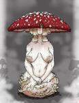 2019 amanita amanitaceae areola big_breasts breasts dot_eyes elemental_creature elemental_humanoid female fly_agaric fungi_fauna fungi_humanoid fungus geier hair hair_over_eye humanoid looking_at_viewer monster_girl_(genre) mushroom mushroom_cap mushroom_humanoid nipples not_furry nude one_eye_obstructed simple_background smile solo wide_hips