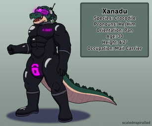 abs anthro bodily_fluids boots chastity_bulge chastity_device clothing collar drone drooling fangs footwear gloves glowing glowing_eyes green_body green_scales handwear hypnosis hypnotic_visor latex latex_boots latex_clothing latex_footwear latex_gloves latex_handwear latex_skinsuit lock_bulge lock_symbol male mind_control muscular muscular_male null_bulge open_mouth open_smile pecs purple_eyes ringed_eyes saliva scales shoes simple_background skinsuit smile solo standing submissive submissive_male tail teeth text tight_clothing wearing_chastity_device scalednspiralled xanadu_(scalednspiralled) crocodile crocodilian reptile scalie 6:5 english_text hi_res model_sheet