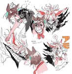 alternate_species duo ear_piercing eyewear female feral feralized furrification glasses kemono male piercing simple_background text white_background ssshokaa dandadan ken_takakura momo_ayase canid canine canis domestic_dog fox mammal japanese_text translation_request