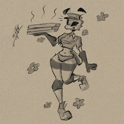 5_fingers antennae_(anatomy) anthro black_sclera breasts clothed clothing container crop_top female fingers flower footwear fur happy hat headgear headwear holding_container holding_object holding_pizza_box medium_breasts midriff name_tag navel navel_piercing one_leg_up open_mouth panties pantsless piercing pizza_box plant raised_leg shirt shoes small_waist sneakers snout socks solo teeth topwear underwear loniir pizza_bee_(xexeezy) arthropod bee hymenopteran insect 1:1 digital_media_(artwork) hi_res signature