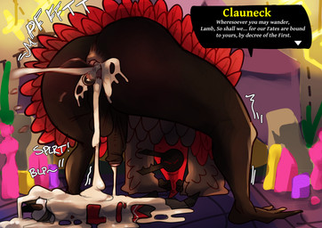 after_anal anthro anus balls bodily_fluids bottomless clothed clothing cum cum_fart cum_from_ass cum_in_ass cum_inside dialogue duo gaping gaping_anus genital_fluids genitals male male/male onomatopoeia outside penis robe robe_only size_difference sound_effects tent text drstrangeluvve cult_of_the_lamb massive_monster_(studio) clauneck_(cult_of_the_lamb) lamb_(cult_of_the_lamb) anatid anseriform avian bird bovid caprine duck mammal sheep english_text hi_res