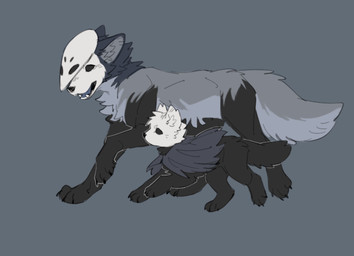 ambiguous_gender black_body black_eyes black_fur black_nose clothing duo empty_eyes feral fur inner_ear_fluff larger_ambiguous looking_at_another mask open_mouth paws quadruped sharp_teeth simple_background size_difference smaller_ambiguous tail teeth tuft white_body white_fur aaasakawa hollow_knight_(franchise) team_cherry quirrel_(hollow_knight) the_knight_(hollow_knight) canid canine mammal male_(lore)