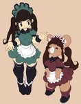 5_fingers anthro apron bodily_fluids breasts brown_body brown_hair clothing dress duo female fingers footwear hair legwear maid_uniform pigtails shoes short_stack simple_background size_difference smile stockings sweat sweatdrop uniform koki bear human mammal 2016 hi_res