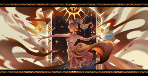 abstract_background anthro art_deco dancing elemental_manipulation eyes_closed female fire fire_manipulation hair rear_view red_hair solo text valtearart afk_(series) afk_arena afk_journey lilith_games satrana_(afk_arena) animal_humanoid canid canid_humanoid canine canine_humanoid fox_humanoid humanoid mammal mammal_humanoid artist_name