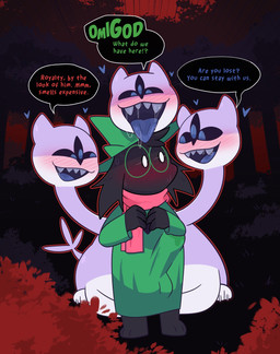 3_eyes 3_heads ambiguous_feral ambiguous_gender anthro big_bulge black_body black_fur blush blush_lines bodily_fluids bulge clothed clothing detailed_background dialogue drooling duo erection erection_under_clothing eyewear feral fully_clothed fur glasses heart_symbol imminent_sex male male/ambiguous male_anthro multi_eye multi_head quadruped saliva scarf speech_bubble sweat teeth text tongue tongue_out crushpepper deltarune european_mythology greek_mythology mythology undertale_(series) clover_(deltarune) ralsei bovid caprine goat hydra mammal monster 2025 digital_media_(artwork) english_text hi_res