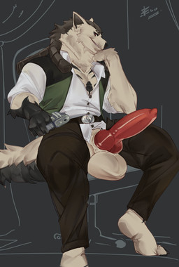 anthro balls belt belt_buckle big_balls big_penis bottomwear buckle chair clothing dreadlocks erection furniture genitals gun gun_on_thigh hair holding_gun holding_object holding_ranged_weapon holding_weapon knot knotted_penis looking_at_viewer male markings_on_body on_chair pants penis ranged_weapon shirt sitting sitting_on_chair solo topwear undershirt unzipped unzipped_pants vest weapon zipper ekagos rael_(huf13) hyena mammal absurd_res hi_res