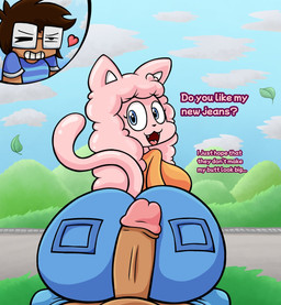 anthro big_butt big_penis blue_clothing blue_eyes blue_shirt blue_topwear bottomwear butt clenched_teeth clothed clothed_hotdogging clothing denim denim_bottomwear denim_clothing dialogue duo eyewear female first_person_view genitals glasses hair heart_symbol hot_dogging huge_butt huge_penis human_pov jeans male male/female male_pov orange_clothing orange_shirt orange_topwear outside pants penis pink_body pink_hair sex shirt t-shirt tan_body tan_skin teeth topwear spicyredacted sarah_kattina_(spicysierra) sierra_(spicysierra) domestic_cat felid feline felis goo_creature human mammal hi_res