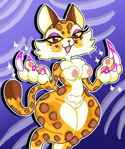 anthro areola bottom_heavy breasts brown_nose brown_spots chest_tuft claws crotch_tuft dipstick_tail eyeshadow female front_view fur genitals looking_at_viewer makeup markings nipples nude open_mouth open_smile orange_body orange_fur pawpads pink_areola pink_nipples purple_claws purple_eyes purple_eyeshadow small_breasts smile snaggle_tooth solo sparkles spots tail tail_markings tan_body tan_fur thick_thighs tuft vulva whiskers wide_hips yellow_sclera mschaox6 kirby_(series) nintendo clawroline felid leopard mammal pantherine hi_res