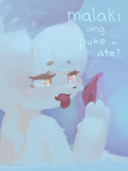 4_fingers anal anal_penetration anthro bangs black_nose blue_body blush bodily_fluids clitoral_hood clitoris cute_fangs dialogue duo exclamation_point eyelashes fangs female female/female fingering fingers fur genital_fluids genitals hair hand_on_head heterochromia kemono open_mouth penetration pupils red_eyes saliva short_hair spread_vulva spreading swimming tan_body tan_fur teeth text tongue tongue_out vaginal vaginal_fluids vulva water yellow_eyes young hasukii herba_(hasukii) canid canine mammal 3:4 filipino_text translated