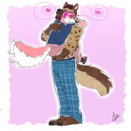 anthro arm_tuft barazoku beard blush body_hair boxers_(clothing) brown_body brown_fur clothed clothing curly_hair duo elbow_tuft facial_hair fangs fur grabbing hair hand_on_back holding_another holding_butt love male male/male markings mole_(marking) muscular muscular_anthro muscular_male mustache neck_tuft nipples nude pecs pincers pink_body pink_fur purple_body red_body red_fur shoulder_tuft size_difference smile spots spotted_body stripes tail tail_motion tailwag tan_body tan_fur teeth topless topwear tuft underwear white_body white_fur zordykeaboo bruno_(brunohyena) keaboo canid canine canis domestic_dog hybrid hyena mammal spotted_hyena striped_hyena 1:1 hi_res