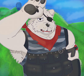 4_fingers anthro black_nose black_pawpads blue_sky brown_eyes claws clothing ears_up fangs fingers grass male military_uniform pawpads pink_tongue plant scar simple_background sky solo teeth tongue uniform white_armpit_hair plagadraws epic_games fortnite polar_patroller bear mammal polar_bear ursine low_res