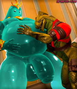 anthro balls belly big_balls big_belly big_penis bottomless bottomless_male clothed clothing crown duo genitals hand_on_belly headgear hug huge_balls huge_penis hugging_belly jacket looking_at_another male mostly_nude musclegut muscular muscular_anthro muscular_male navel open_mouth overweight overweight_anthro overweight_male pecs penis red_clothing red_jacket red_topwear standing topwear ewr_115 epic_games fortnite hybrid_(fortnite) poseidon_(fortnite) goo_creature kobold scalie hi_res