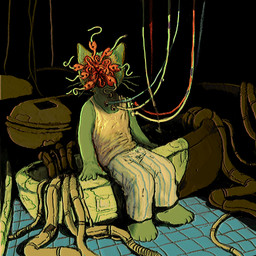 ambiguous_gender anthro body_horror bottomwear clothed clothing creepy detailed_background fully_clothed horror_(theme) pajamas pants shirt sitting solo surrealism tank_top topwear unusual_anatomy wire plastiboo plasti_(plastiboo) domestic_cat felid feline felis mammal monster 1:1 2023 hi_res