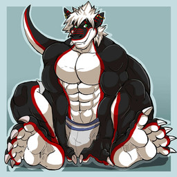5_toes abs anthro athletic biceps big_muscles biped black_body black_skin blue_background boxer_briefs bulge claws clothed clothing ear_piercing fangs feet flexing foot_focus green_eyes grin hair hindpaw looking_at_viewer male muscular muscular_anthro muscular_male paws pecs piercing plantigrade pose red_body red_skin simple_background sitting smile solo spread_legs spreading tail teeth toe_claws toes topless underwear vein white_body white_hair white_skin arody tankdragon mythology anthony_tarango dragon mythological_creature mythological_scalie reptile scalie 1:1 2013 hi_res source_request