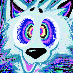 abstract_background ambiguous_gender anthro black_nose blue_body blue_fur fangs fur looking_at_viewer multicolored_eyes open_mouth open_smile smile solo teeth demensa canid canine canis mammal wolf 1:1 2024 colorful_theme headshot_portrait hi_res icon portrait