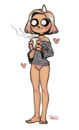 anthro barefoot beverage black_sclera blonde_hair blush blush_stickers choker clothed clothing container cup eyelashes feet female flat_chested fur hair heart_symbol hearts_around_body holding_beverage holding_container holding_cup holding_object horn jewelry necklace panties partially_clothed rosy_cheeks shirt simple_background smile solo standing steam topwear underwear white_background white_eyes yellow_body yellow_fur unknown_artist adventure_time adventure_time:_distant_lands cartoon_network bronwyn_(adventure_time) canid canine canis domestic_dog hybrid mammal pup_(adventure_time) rainicorn signature