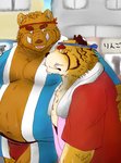 anthro arm_around_shoulders belly brown_body brown_fur bulge clothing duo fur hug humanoid_hands kemono male moobs outside overweight overweight_male shirt topwear underwear kuma_(pixiv_881259) kumadasi felid mammal pantherine suid suine sus_(pig) tiger wild_boar 2010 hi_res