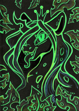 black_background crown fangs fangs_bared female feral headgear looking_at_viewer simple_background solo teeth tongue tongue_out stirren friendship_is_magic hasbro my_little_pony queen_chrysalis_(mlp) hi_res portrait traditional_media_(artwork)