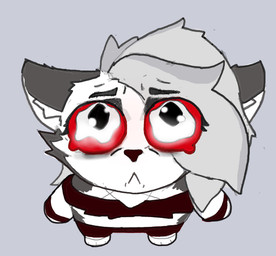 anthro big_eyes bodily_fluids chibi clothing female fur grey_body grey_fur hair looking_at_viewer multicolored_body multicolored_fur red_eyes sad simple_background solo tears white_body white_fur unnamedpon3 hellaverse helluva_boss mythology loona_(helluva_boss) canid canid_demon canine demon hellhound mammal mythological_canine mythological_creature absurd_res hi_res meme