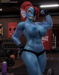 abs athletic athletic_female athletic_humanoid big_breasts blue_body blue_nipples blue_skin bottomwear breasts clothed clothing eye_patch eyewear female hair hand_on_hip hand_on_own_hip long_hair muscular muscular_female navel nipples non-mammal_breasts non-mammal_nipples ponytail pupils red_hair sharp_teeth slit_pupils solo sports_panties standing teeth text topless wraps yamimarik1994 rafaknight-rk_(modeler) undertale_(series) undyne animal_humanoid fish fish_humanoid humanoid marine marine_humanoid 2024 3d_(artwork) absurd_res artist_name digital_media_(artwork) hi_res huge_filesize portrait three-quarter_portrait url