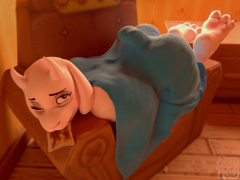 anthro bedding blanket blanket_only bread butt feet female food furniture honey_(food) inside looking_at_viewer lying naked_underneath nude paws sofa solo toast under_blanket avet3d deltarune undertale_(series) toriel 3d_(artwork) blender_(artwork) digital_media_(artwork) hi_res
