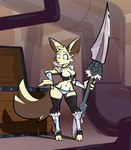 3_toes 4_fingers anthro armor armwear black_clothing black_legwear black_stockings black_thigh_highs breasts cleavage clothed clothing feet female fingers fluffy fluffy_tail fur_trim_(clothing) grey_eyes holding_melee_weapon holding_object holding_polearm holding_spear holding_weapon legwear medium_breasts melee_weapon panties polearm solo spear stirrup_stockings stockings tail thigh_highs toes treasure_chest unconvincing_armor underwear weapon wide_hips aygee luve_the_fennec canid canine fennec_fox fox mammal true_fox 2024