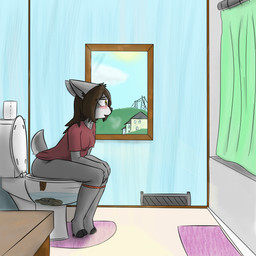 anthro bath_mat bathroom bathtub blush bottomwear brown_hair clothed clothing feces female fur grey_body grey_fur hair inside open_mouth panties panties_down partially_clothed pooping relieved scatplay shirt shower shower_curtain sitting smile solo sun t-shirt toilet toilet_paper toilet_use topwear underwear underwear_down window notmypornaccount sage_(notmypornaccount) deer mammal 1:1 absurd_res digital_media_(artwork) hi_res