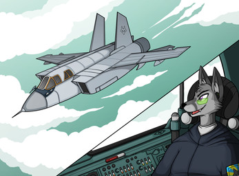 air_force aircraft airplane anthro big_ears big_eyes biped black_eyebrows black_nose blue_jumpsuit close-up clothing cloud cloudy_sky cockpit contrail detailed_background dipstick_ears ear_markings earpiece eyebrows fangs flying fur fuse green_sky grey_body grey_fur grey_markings in_vehicle inside inside_airplane jet male markings military_clothing military_uniform military_vehicle morning multicolored_ears outside_view patch_(fabric) pushbutton red_tongue scouter seat side_view sitting sky snout solo teeth tongue uniform vehicle visor window hachimakiyaki mig-31 nintendo russian_aircraft_corporation_"mig" star_fox yakov_lisakovich canid canine fox mammal red_fox silver_fox true_fox 2025 digital_drawing_(artwork) digital_media_(artwork) hi_res shaded