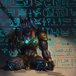 abdominal_scar ambiguous_fluids amputee anthro armor black_body blue_claws blue_eyes bottomwear bracelet breastplate broken_armor cable claws clothing disability egyptian egyptian_clothing egyptian_headdress facial_scar finger_claws glowing glowing_eyes gold_(metal) gold_bracelet gold_jewelry hieroglyphics jewelry male missing_arm missing_leg nemes_(clothing) orange_bottomwear orange_clothing scar shendyt snout snout_scar solo spaulder temple triple_amputee usekh wall_(structure) wire wounded saberzelgrath egyptian_mythology middle_eastern_mythology mythology anubis anubian_jackal canid canine canis deity jackal mammal 1:1 absurd_res hi_res