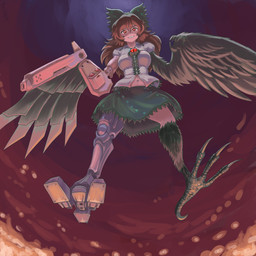 4_toes accessory anisodactyl bottomwear bow_ribbon breasts brown_hair clothing cybernetic_leg cybernetic_limb cybernetic_wing cybernetics feet female flying green_bottomwear green_clothing green_skirt hair hair_accessory hair_bow hair_ribbon long_hair looking_at_viewer looking_down looking_down_at_viewer low-angle_view machine mismatched_wings navel red_eyes ribbons shirt skirt solo toes topwear white_clothing white_shirt white_topwear winged_arms wings profitwalrus european_mythology greek_mythology mythology touhou utsuho_reiuji animal_humanoid avian avian_humanoid cyborg harpy harpy_humanoid humanoid mythological_avian mythological_creature absurd_res hi_res
