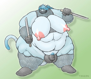 anthro balls belly big_moobs clothing fishnet_clothing fishnet_legwear genitals huge_moobs hyper hyper_moobs legwear male melee_weapon moobs ninja nipples obese overweight overweight_male penis solo sword warrior weapon t3ns3n domestic_cat felid feline felis mammal hi_res