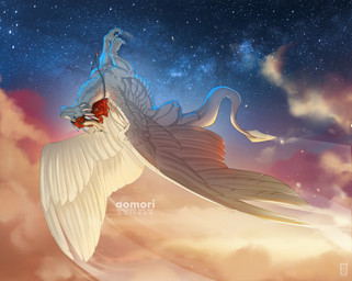 5_toes ambiguous_gender black_ears blue_eyes claws cloud detailed_background feathered_wings feathers feet feral flying fur horn inner_ear_fluff jewelry mane necklace orange_mane outside particles pink_inner_ear quadruped scales sky smile solo spread_wings star starry_sky sunset tail text toe_claws toes tuft twilight upside_down ventral_scales white_body white_claws white_feathers white_fur white_horn white_scales wings aomori european_mythology mythology dragon feathered_dragon feathered_scalie furred_dragon furred_scalie mythological_creature mythological_scalie scalie western_dragon 2020 artist_name digital_media_(artwork)