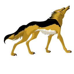 ambiguous_gender black_body black_claws black_fur black_tail brown_eyes claws fangs feral fur glistening glistening_eyes open_mouth pawpads pink_pawpads side_view simple_background solo tail teeth white_background white_body white_fur yellow_body yellow_fur yellow_tail msdeadsoul canid canine mammal 1:1 absurd_res hi_res