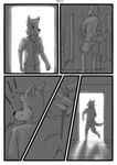 anthro bathroom bottomwear canid canine clothing dialogue digital_media_(artwork) dress_shirt duo entering hi_res looking_back male male/male mammal medibang_paint_(artwork) monochrome peeing public public_restroom running scared shirt shorts topwear urinal wolfyalex96 zipper