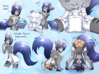 anthro big_tail blep blue_hair blush clothed clothing crouching dialogue diaper diaper_only featureless_crotch feces fur grey_body grey_fur hair headstand looking_back male putting_on_diaper soiled_diaper soiling solo tail text tongue tongue_out topless unclean_diaper upside_down used_diaper wearing_diaper wide_diaper fetimation fet canid canine canis mammal wolf english_text sequence